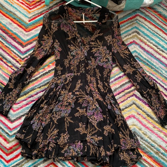 Free People Dresses & Skirts - Collared black flower sheer dress